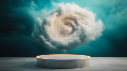Dynamic podium surrounded by ethereal clouds imaginative art digital realm abstract perspective creativity unleashed