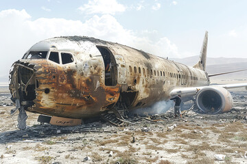 Airplane crash, debris on the ground, smoke-filled disaster on fire. Regular transport aviation emergency.