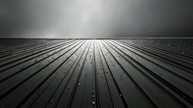 Dramatic Close Up of Metal Roof with Rain Droplets Under Cloudy Sky, ProRes 422HQ