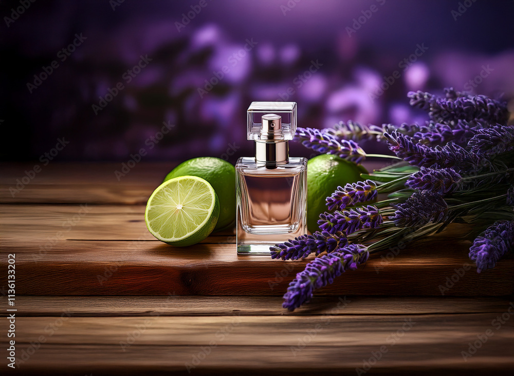 Poster a perfume bottle sits on a rustic wooden surface, flanked by fresh limes and a bouquet of lavender. 
