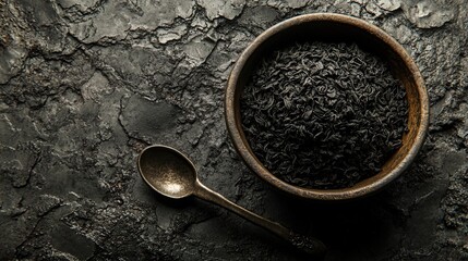 A close-up of fragrant black tea leaves in a bowl set on a textured surface, with a spoon beside them. Generative AI --