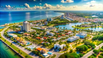Obraz premium Florida Map USA Tilt-Shift Photography: Miniature State Landscape, Aerial View, Charming Cityscapes, Scenic Coastline, Detailed Road Map, Vacation Destination