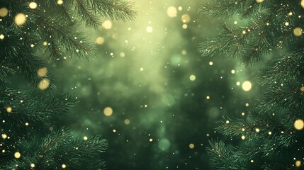 Magical Christmas Green Forest Background with Pine Branches and Sparkling Lights
