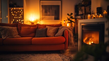 Cozy living room with fireplace, warm lighting, and comfortable sofa.