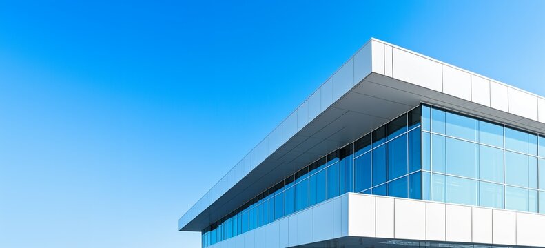 Exterior facade  of modern office conventional center building against clear blue sky copy space for text