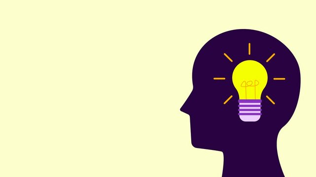 Minimalist illustration of a glowing light bulb inside a human head silhouette on a yellow background, representing innovation, creativity and brainstorming.