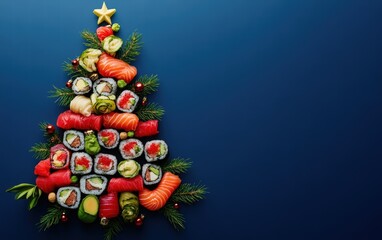 A sushi Christmas tree with vibrant sushi rolls, wasabi, and ginger accents on a deep blue background