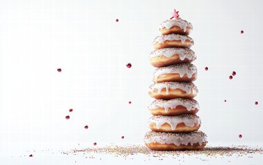 A tree made of stacked doughnuts with icing drizzles and sprinkles as decorations on a bright white background