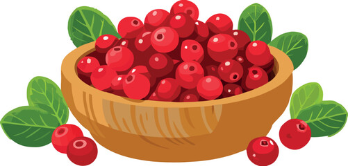 Wooden bowl overflowing with fresh cranberries and green leaves