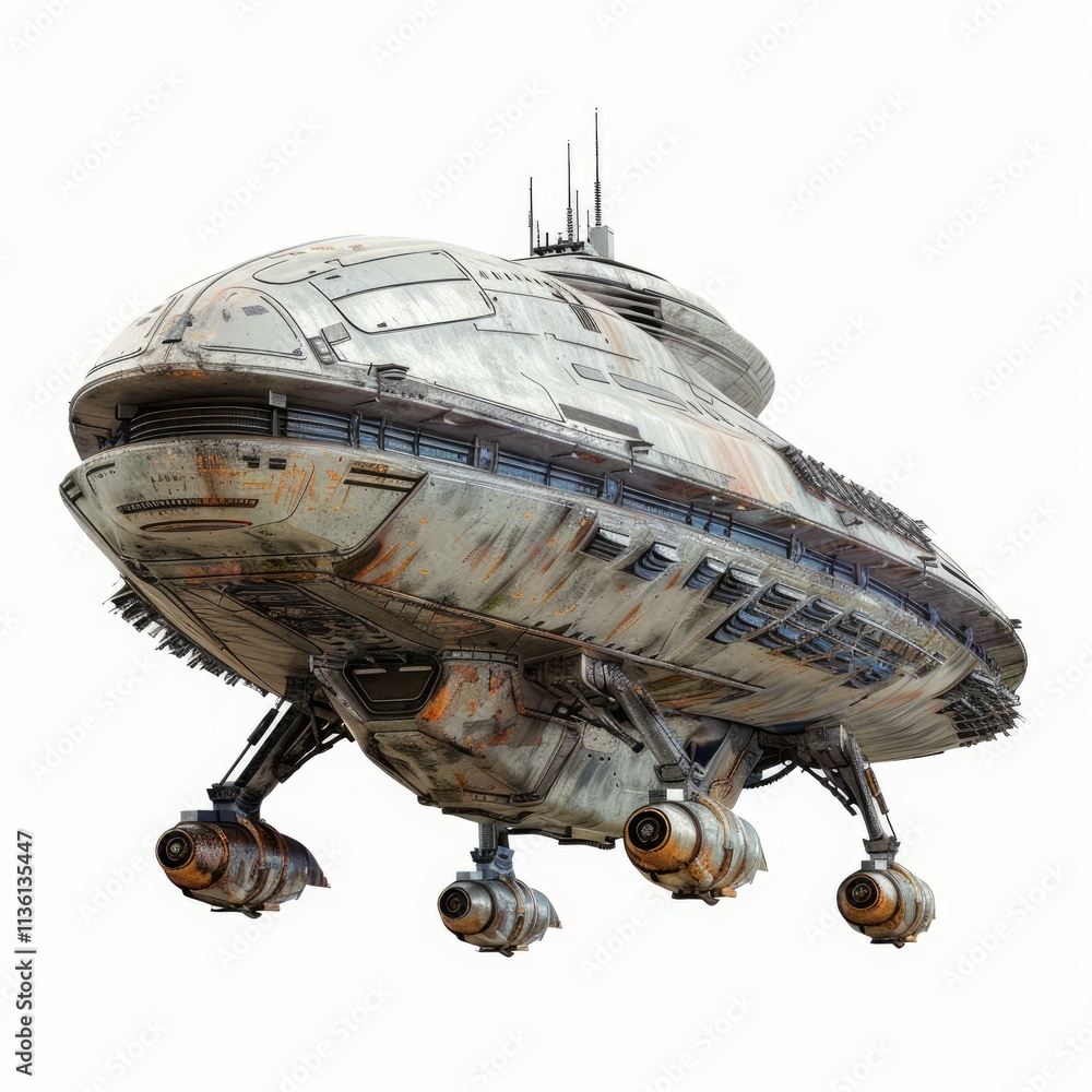 Poster futuristic spaceship with visible signs of wear and tear hovering in the vast expanse of space
