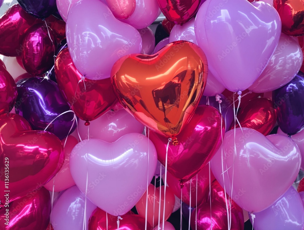 Poster a vibrant display of heart-shaped balloons in a spectrum of pinks and purples.