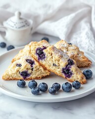 A plate of freshly baked blueberry scones with blueberries scattered around.
