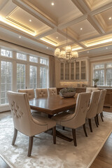 Photographie intérieure d'une salle à manger élégante et spacieuse avec une grande table en bois pour les repas en famille