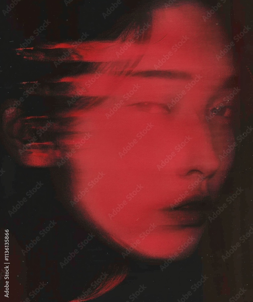 Poster abstract portrait of a person with a blurred effect in red hues, creating a dynamic and emotional at