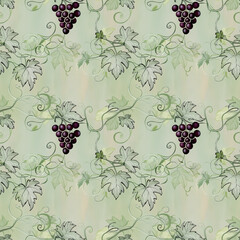 Delicate hand-drawn grape clusters on a muted pastel green background