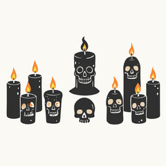 Kawaii cute vector illustration icon graphic badge design set of colorful halloween spooky magic witchy cartoon skulls with candles Isolated vector illustration