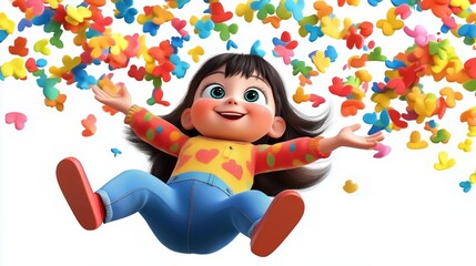 Fototapeta premium Joyful girl surrounded by colorful paper butterflies in mid-air