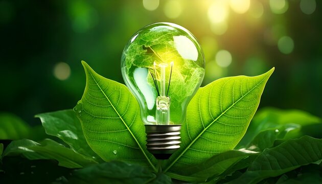 A light bulb on a green leaf symbolizes renewable energy, sustainable development, and responsible environmental practices
