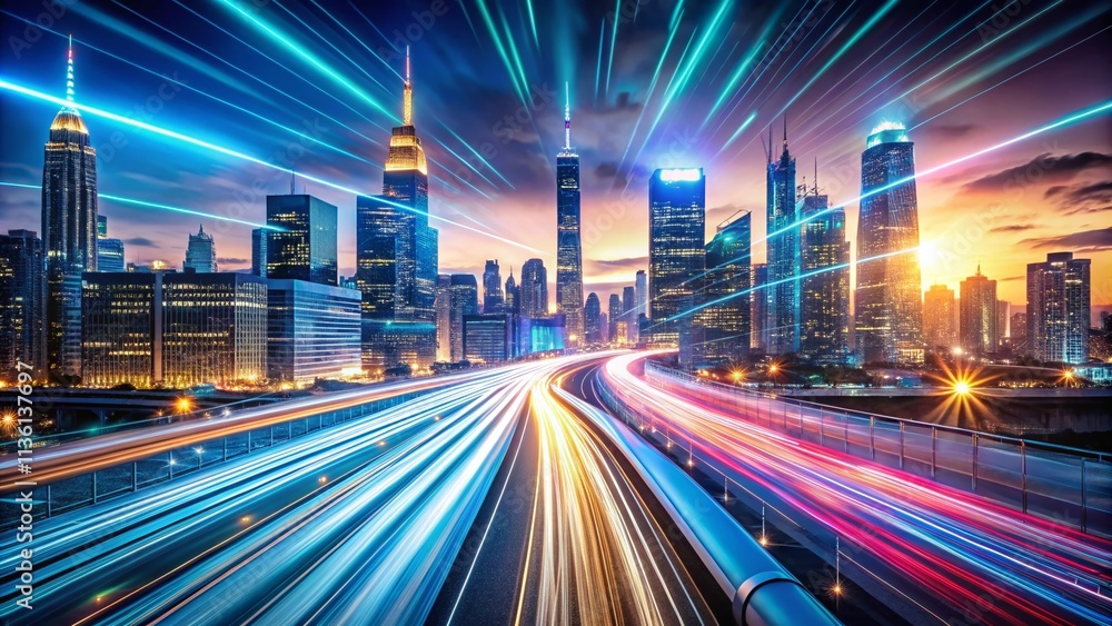 Poster futuristic abstract light background pattern with skyline highway lights, featuring car trails and a