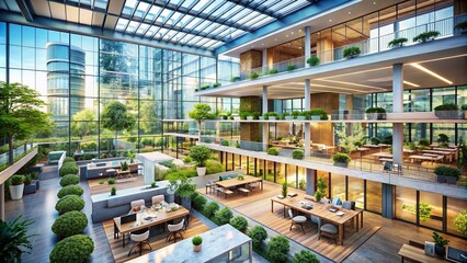Fototapeta premium Future of Work Architecture: Modern Office Design, Innovative Workspace, Collaborative Environment