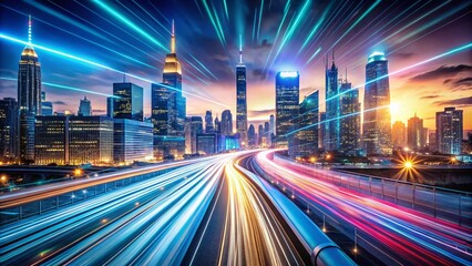 Fototapeta premium Futuristic Abstract Light Background Pattern with Skyline Highway Lights, Featuring Car Trails and a Tech-Inspired Cityscape in High Depth of Field Illustration