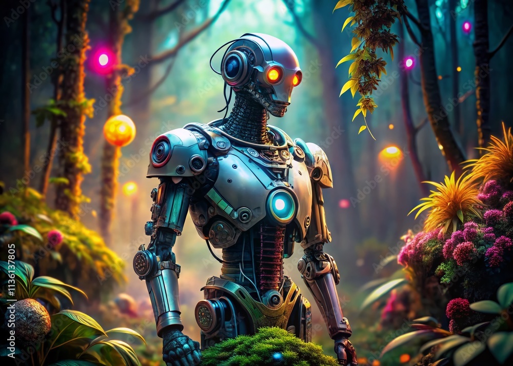 Poster futuristic ai robot illustration in a high depth of field setting, showcasing advanced technology an