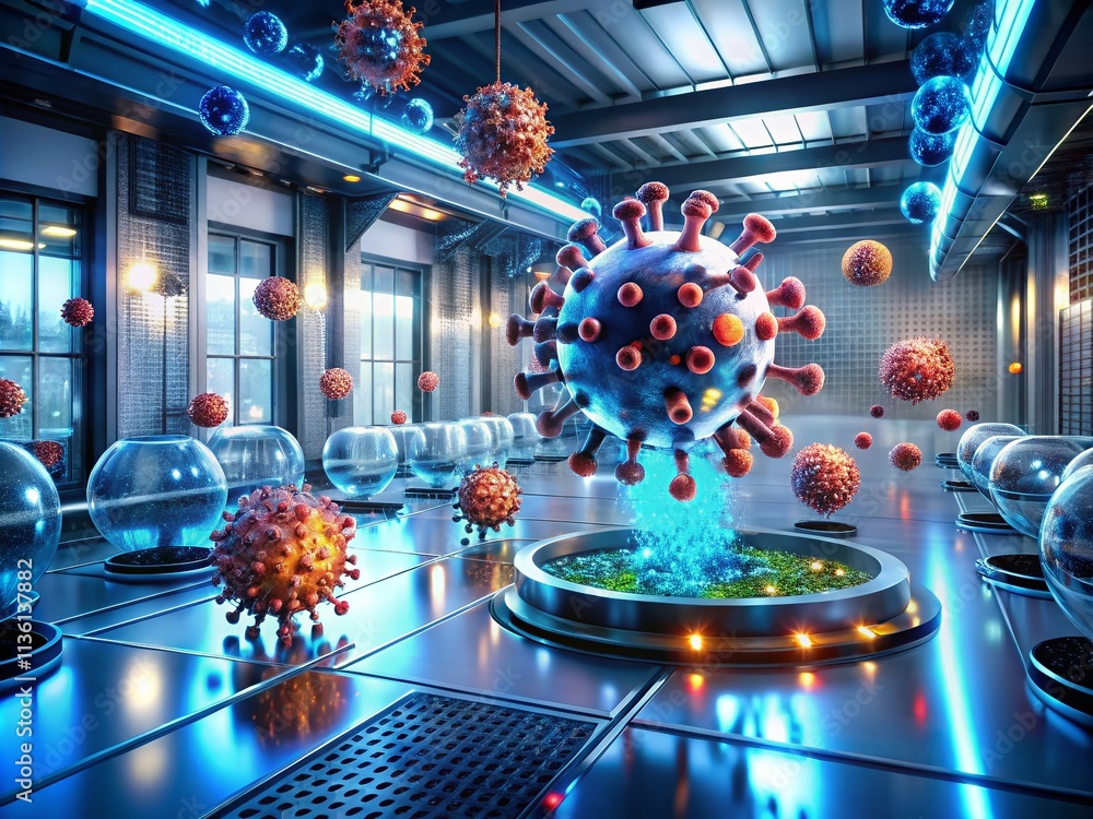 Poster futuristic architectural visualization of nanobots engaging with a virus in a high-tech environment,