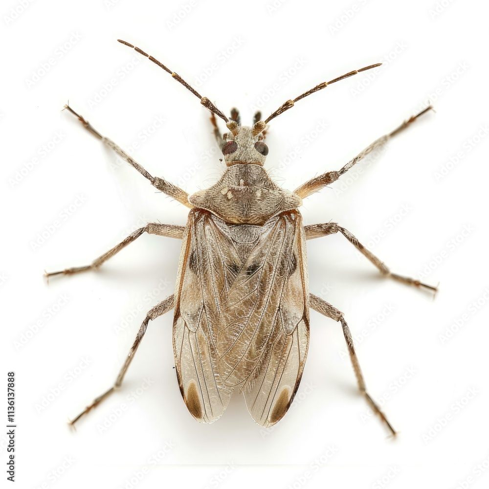 Poster close up of an insect with visible wings and legs, isolated on a white background