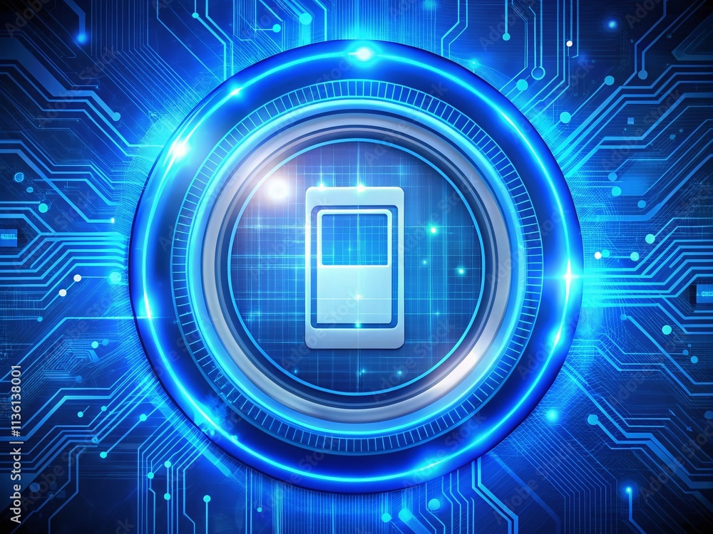 Poster futuristic blue digital battery logo with electrical power concept and circuit board data transfer i