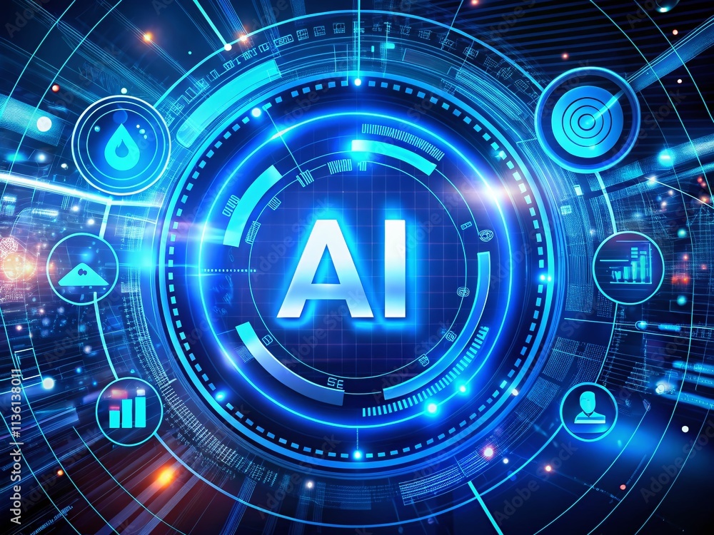 Poster futuristic blue digital ai elements with motion graphics featuring chatbot and machine learning tech