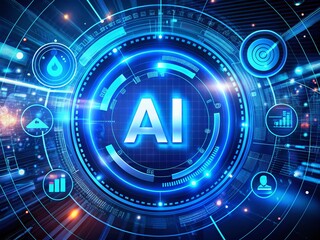 Futuristic Blue Digital AI Elements with Motion Graphics Featuring Chatbot and Machine Learning Technology on an Abstract Panoramic Background