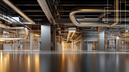 Fototapeta premium An industrial interior with metallic pipes and sleek surfaces, showcasing a modern, high-tech environment.