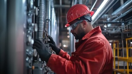 A worker in protective gear inspects machinery in an industrial setting, showcasing safety practices and technical expertise.