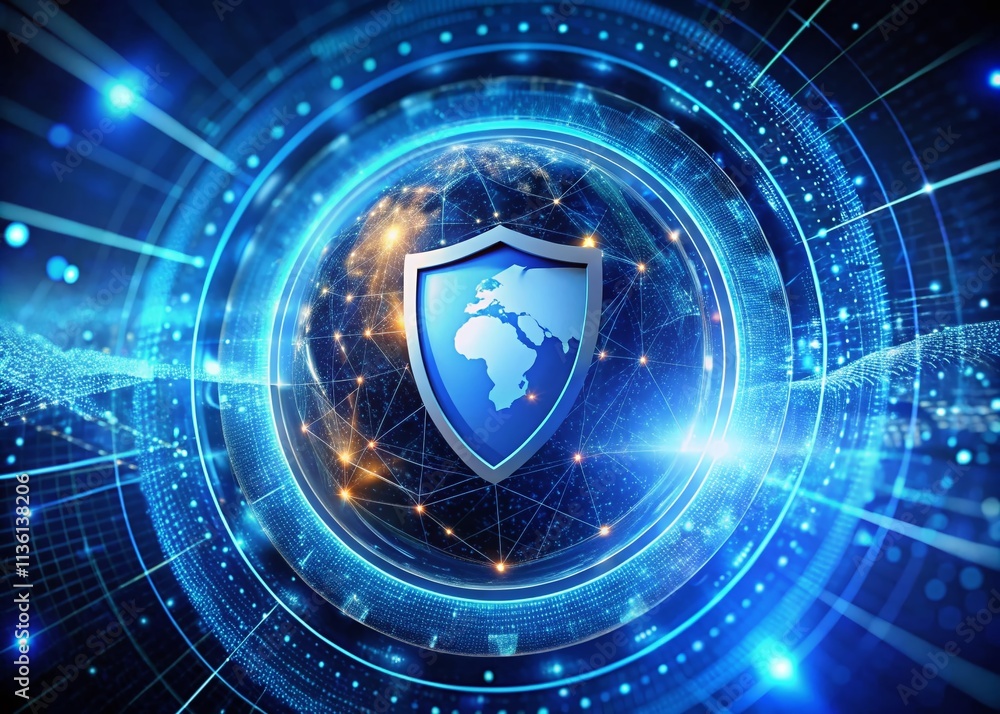 Poster futuristic blue security shield logo with rotating particle ring and earth, illustrating ai technolo