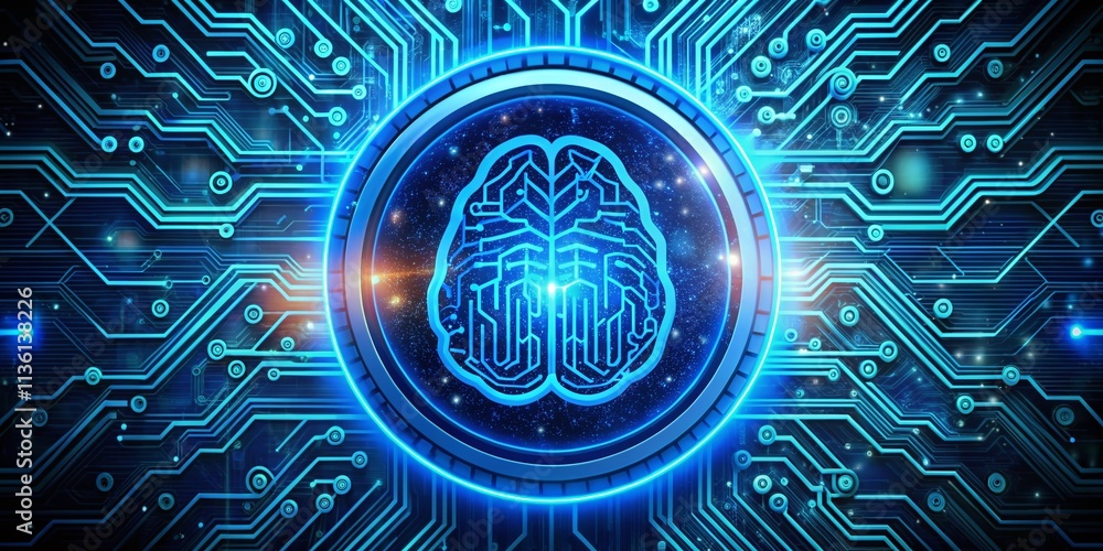 Poster futuristic blue digital robot brain logo surrounded by circular hud elements representing ai chatbot