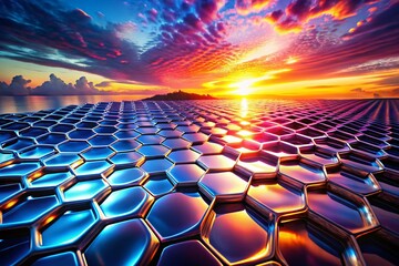 Obraz premium Futuristic Chrome Hexagon Sky Reflection Silhouette - Realistic 3D Render