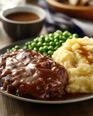 A plate of meatloaf with gravy, mashed potatoes, and green peas, served with brown sauce.