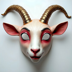 Elegant Ceremonial Goat Mask with Gold Accents on White