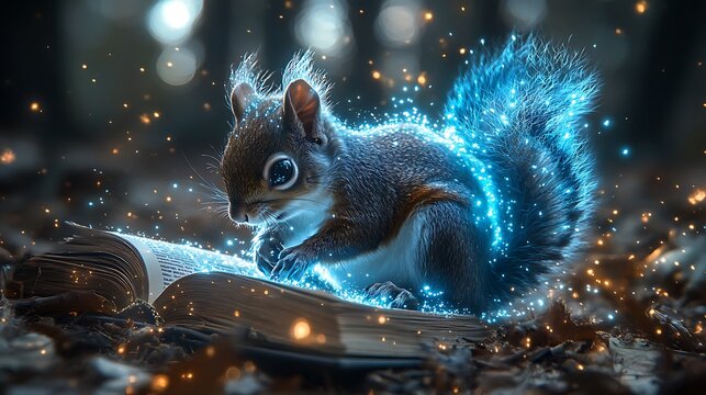Shining blue holographic image of a resting squirrel displayed above a closed book with smooth blur