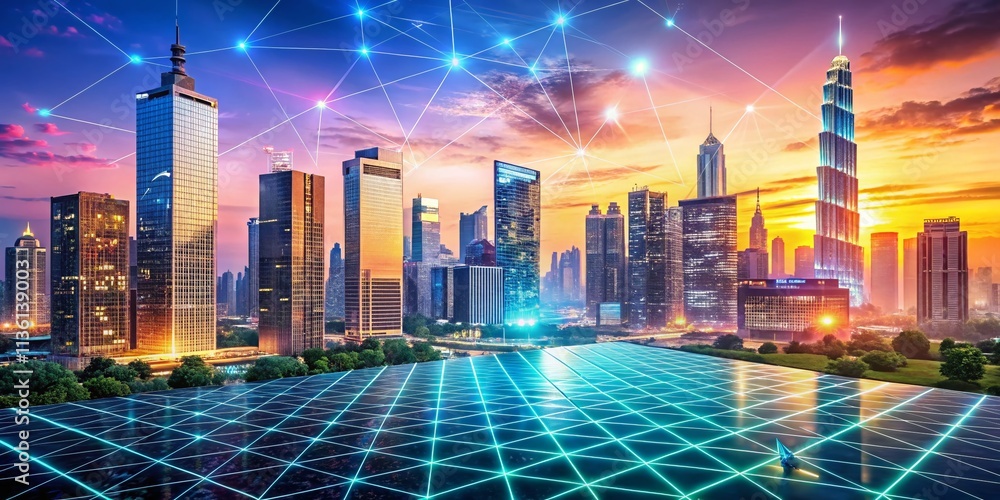 Poster futuristic high-tech cityscape under ivory sky featuring digital grid and holographic elements with 
