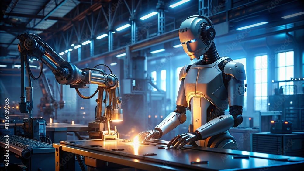 Poster futuristic humanoid robot operating in a dimly lit factory setting, showcasing advanced technology a