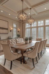 Fototapeta premium Photographie intérieure d'une salle à manger élégante et spacieuse avec une grande table en bois pour les repas en famille