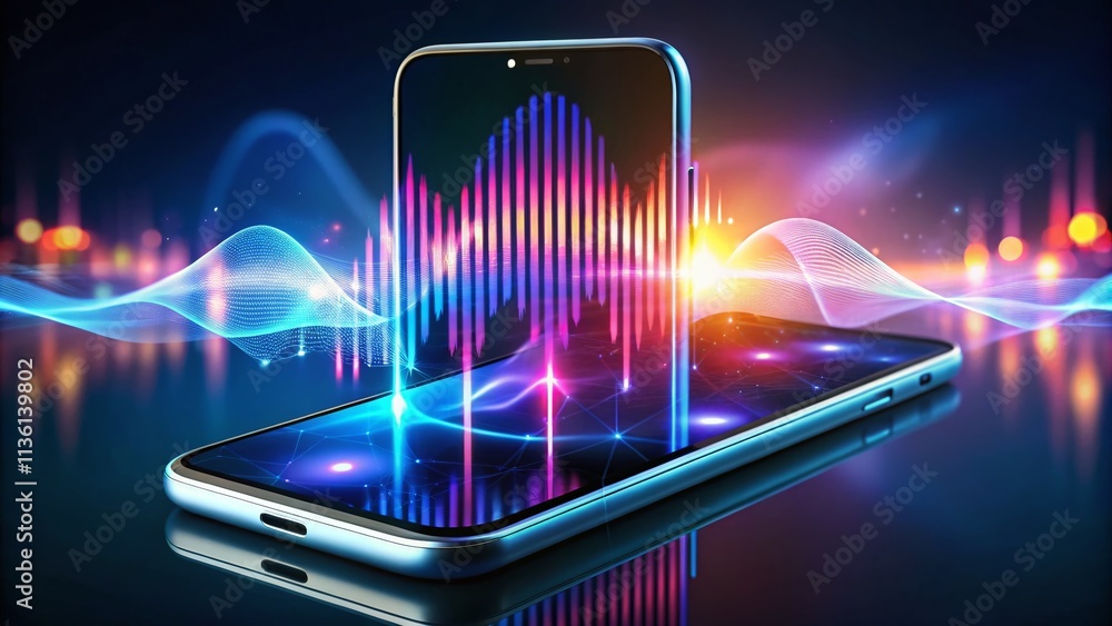 Poster futuristic voice assistant mockup featuring 3d smartphone with sound waves, microphone ui, and ai te