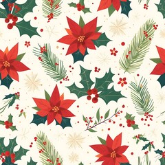 Red Poinsettia and Evergreen Holiday Illustration