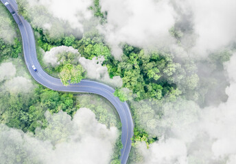 Aerial top view of electric vehicle driving on a winding highway road in green forest with fog....