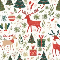 Festive Christmas Reindeer and Trees Seamless Pattern
