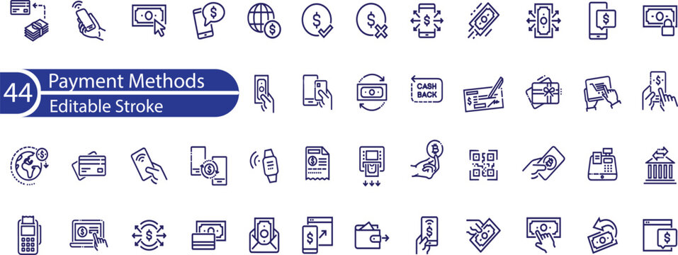 Set of outline icons related to payment methods. Linear icon collection. Editable stroke