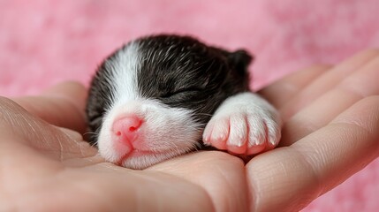 Tiny newborn puppy sleeping peacefully in a human hand.