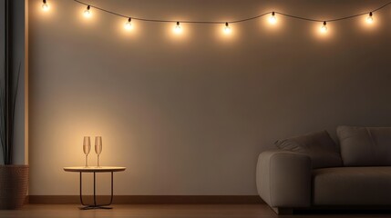 Cozy Living Room with Warm Lighting and Minimalist Decor