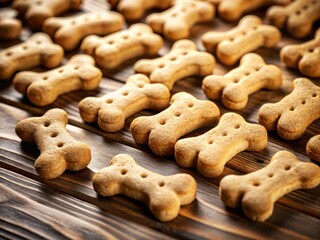 Fototapeta premium Close-Up of Delicious Bone-Shaped Dog Biscuits on a Wooden Surface with Copy Space for Pet Food Advertising or Promotional Use